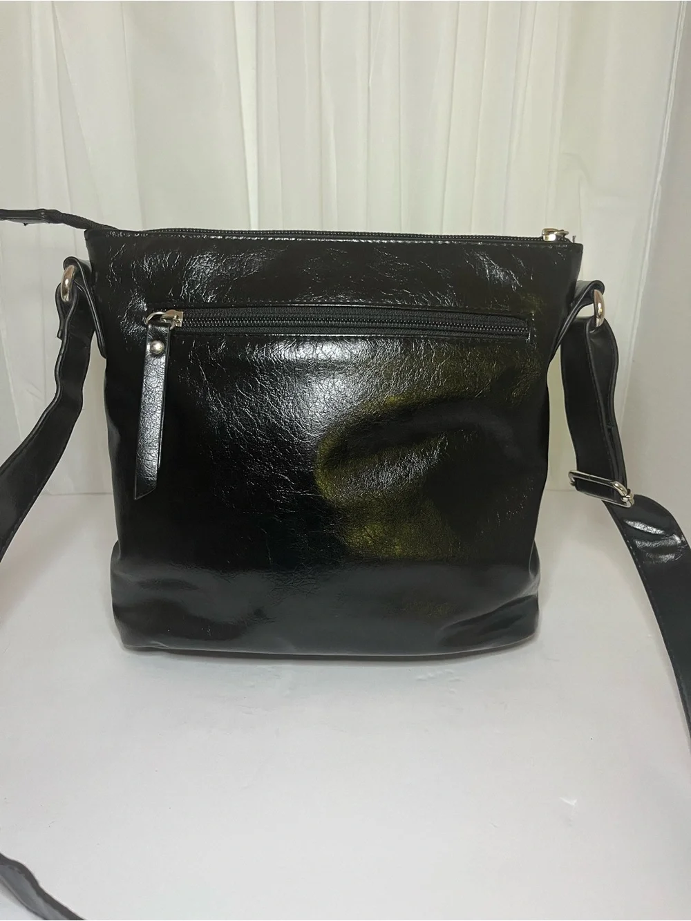 Franco Sarto Shiny Black Leather Messenger Bag